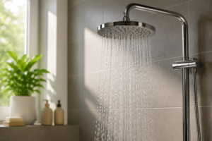 Moderne douchekop met stromend water in lichte badkamer als inspiratie om warm water en energie te besparen