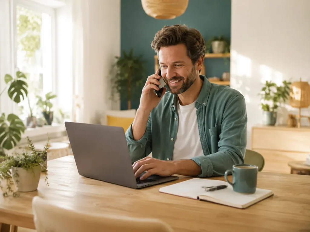 Man neemt contact op vanuit een lichte thuiswerkplek met laptop, telefoon, planten en natuurlijke wooninrichting