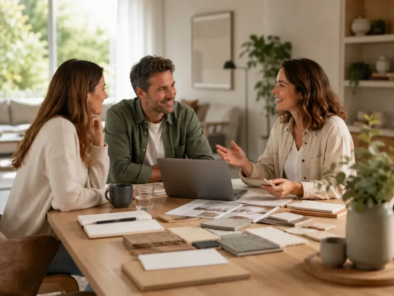 Drie mensen bespreken woonideeën en samenwerking aan een houten tafel met laptop, materiaalstalen en natuurlijke wooninrichting