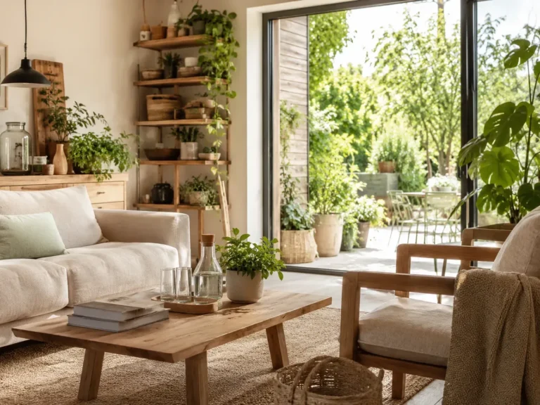 Lichte woonkamer met natuurlijke materialen, planten, houten meubels en uitzicht op een groene tuin