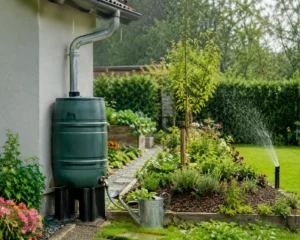 Regenton aangesloten op regenpijp in groene tuin met planten, borders en tuinbewatering