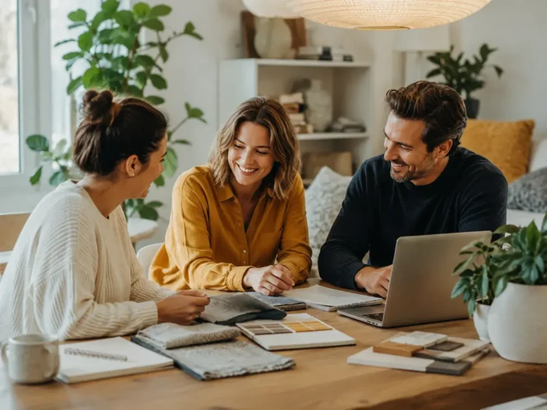 Drie professionals bespreken wooninspiratie en interieurideeën aan een houten tafel met laptop, kleurstalen, planten en natuurlijke materialen