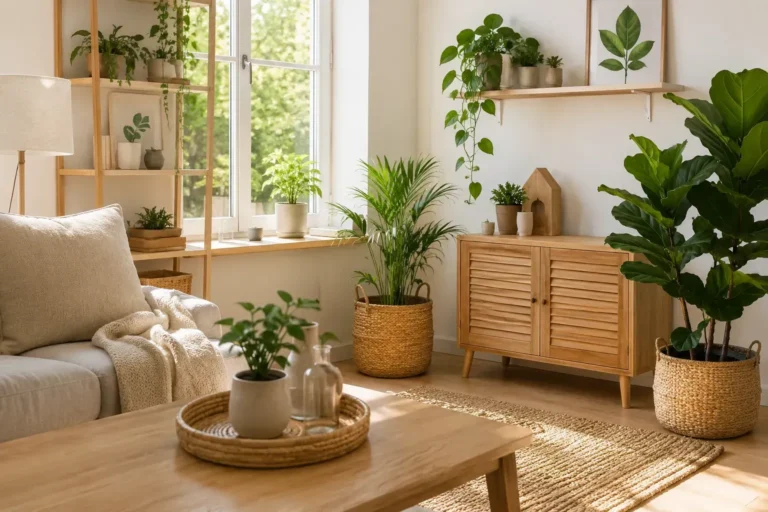Lichte woonkamer met veel planten, houten meubels, natuurlijke materialen en bewuste woonkeuzes voor slimmer wonen