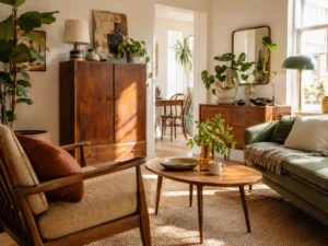 Sfeervolle woonkamer met tweedehands meubels, houten kast, vintage stoel, groene planten en warme natuurlijke inrichting