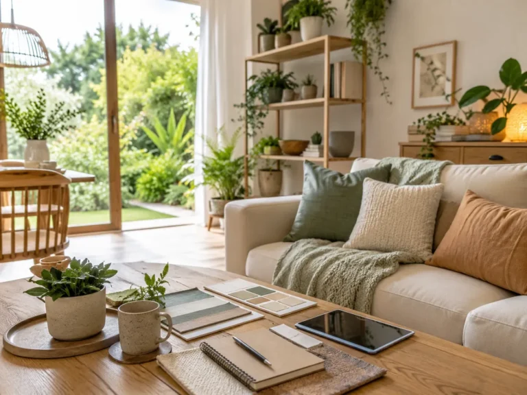 Lichte woonkamer met groene tuin, planten, natuurlijke materialen en praktische woonideeën van Woonguru