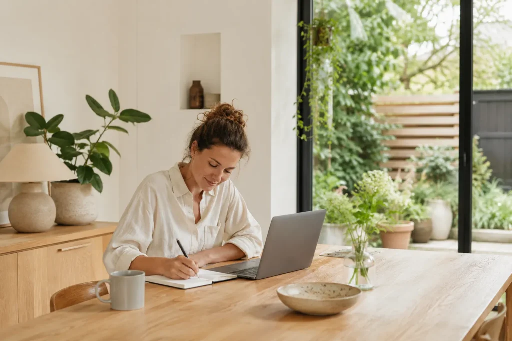 Persoon schrijft wooninspiratie aan tafel met laptop en uitzicht op een groene tuin